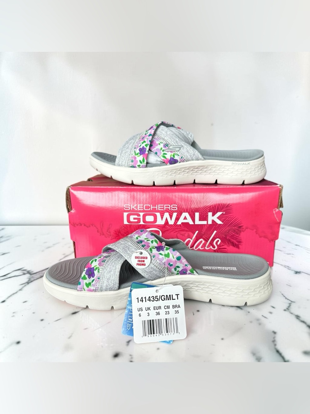Skechers Go Walk Flex Slide Sandal Womens 6 Purple Gray Floral Slip On SN 141435